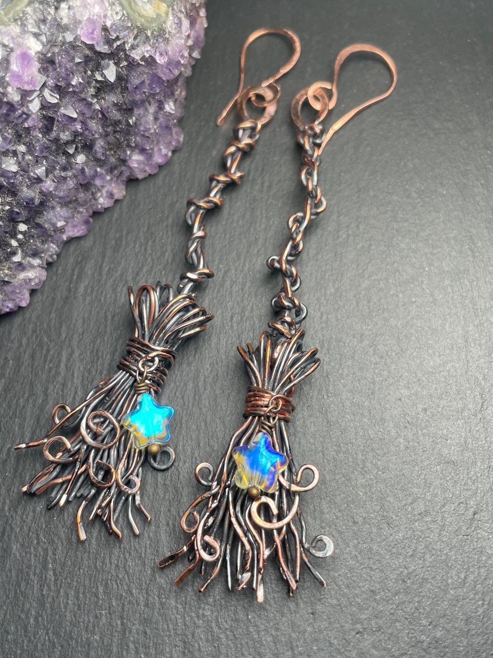 Witches Broom Artisan Hammered Copper Dangle Earrings Witchy Jewelry